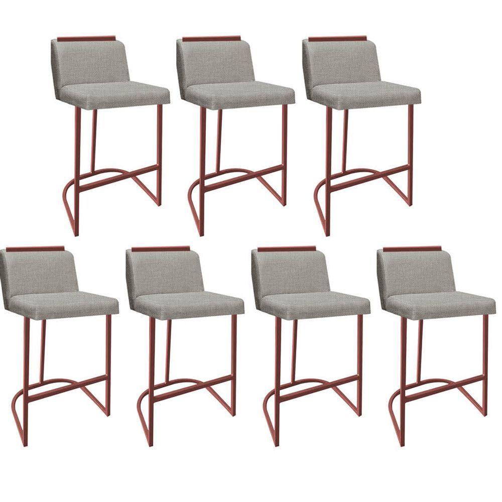 Miniatura Kit 07 Banquetas Com Encosto Nynna Luxo Confort Bistrô Cozinha Ferro Bronze Linho Cru - Amey Decor