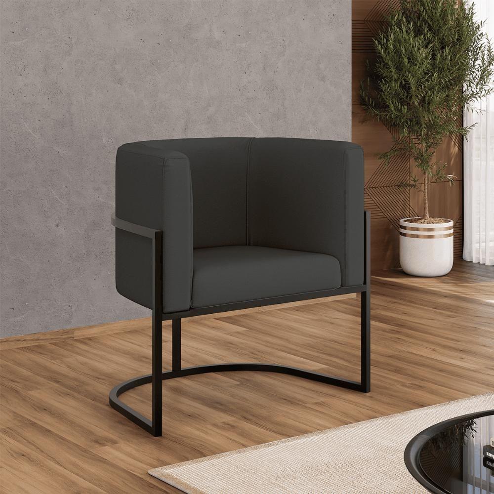 Miniatura Poltrona Corino Decorativa Lua Recepção Base Ferro Black Cinza