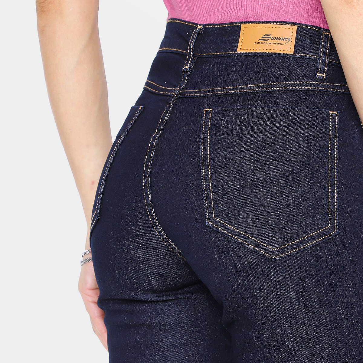 Miniatura Calça Jeans Boot Cut Sawary Lisa Cintura Alta Feminina Preto+Azul - 36