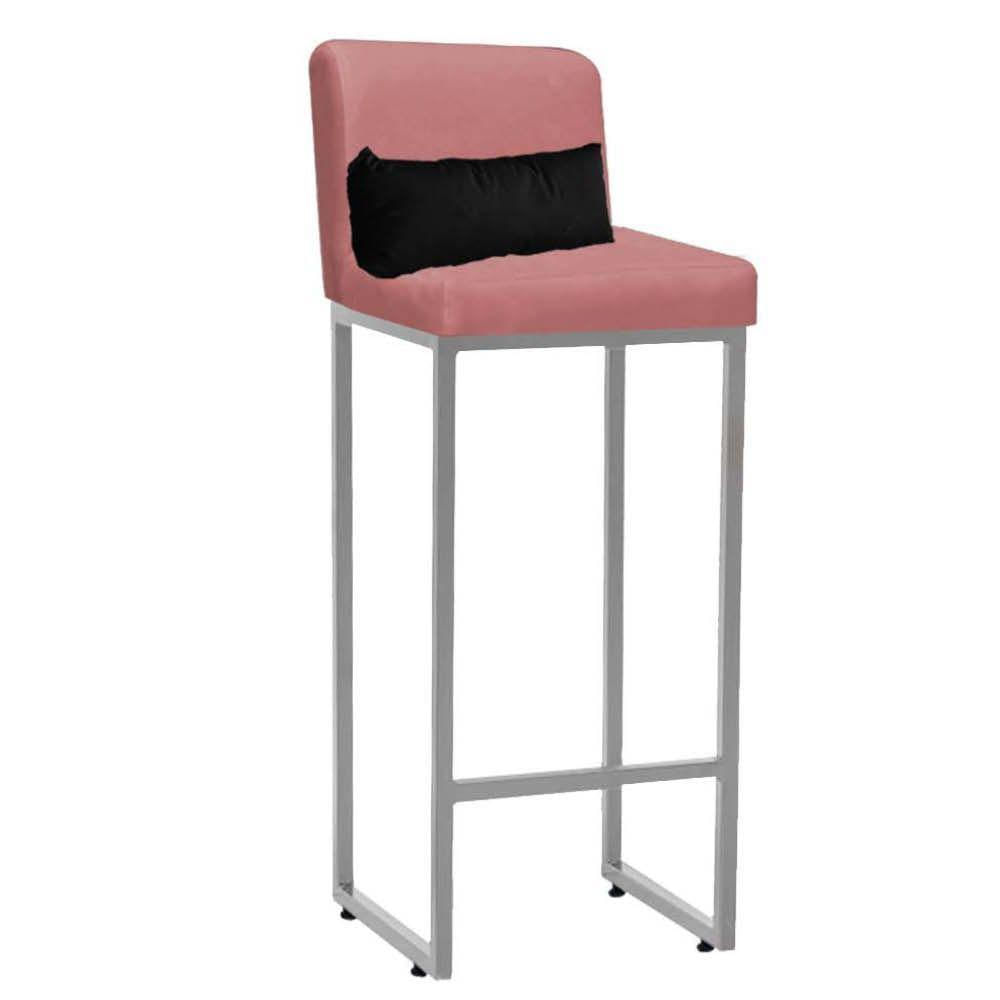 Miniatura Banqueta Alta Com Encosto Industrial Ferro Prata Suede Rose Gold E Almofada Preto - Amey Decor