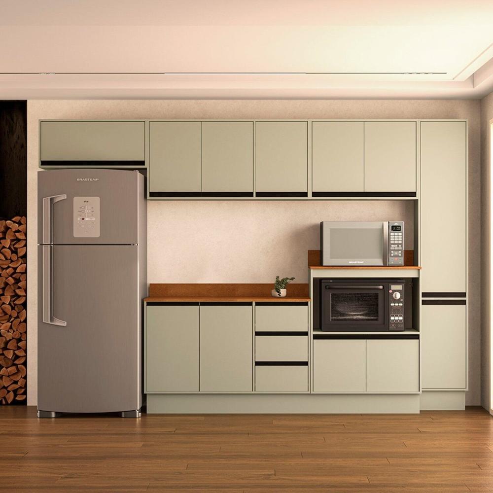 Miniatura Cozinha 6 Peças Balcão 3 Gavetas 2 Portas Aéreo Balcão Alto Paneleiro com Tampo Koya Branco/Verde Oliva