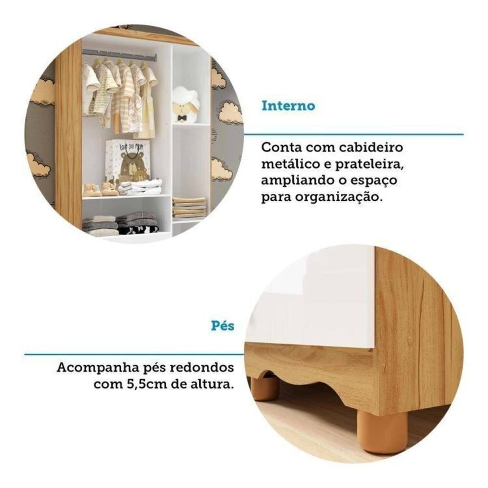 Quarto de Bebê Completo com Guarda Roupa 3 Portas Cômoda e Berço 100% Mdf Mimo Espresso Móveis Branco Brilho/Amêndoa
