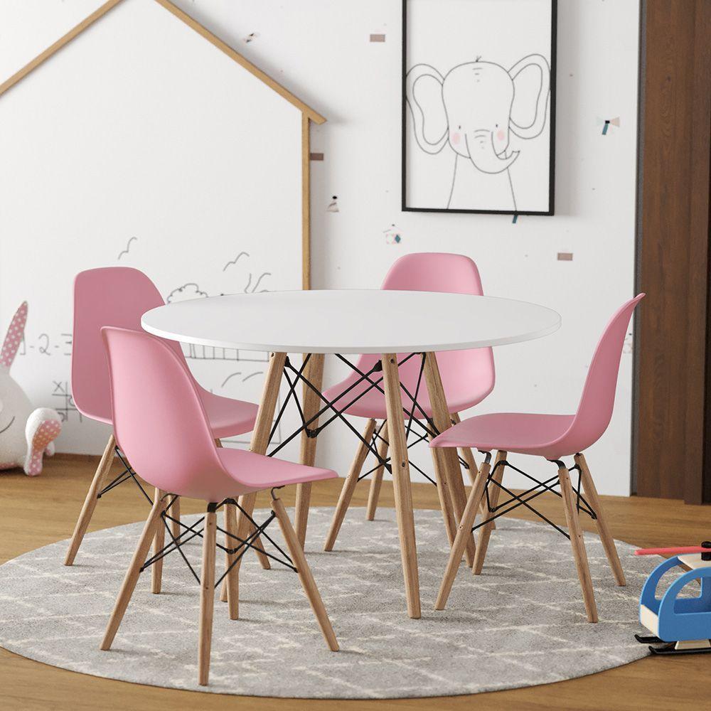Miniatura Conjunto Eames Eiffel Madeira Tampo 68Cm Redondo Branco 4 Cadeiras Rosa