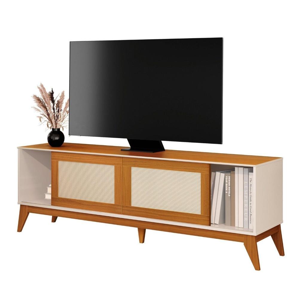 Rack 100% MDF para Tv 75 Polegadas com Portas em Tela Rattan Andros Rack para Tv 75 Polegadas com Portas em Tela Rattan Andros Off White
