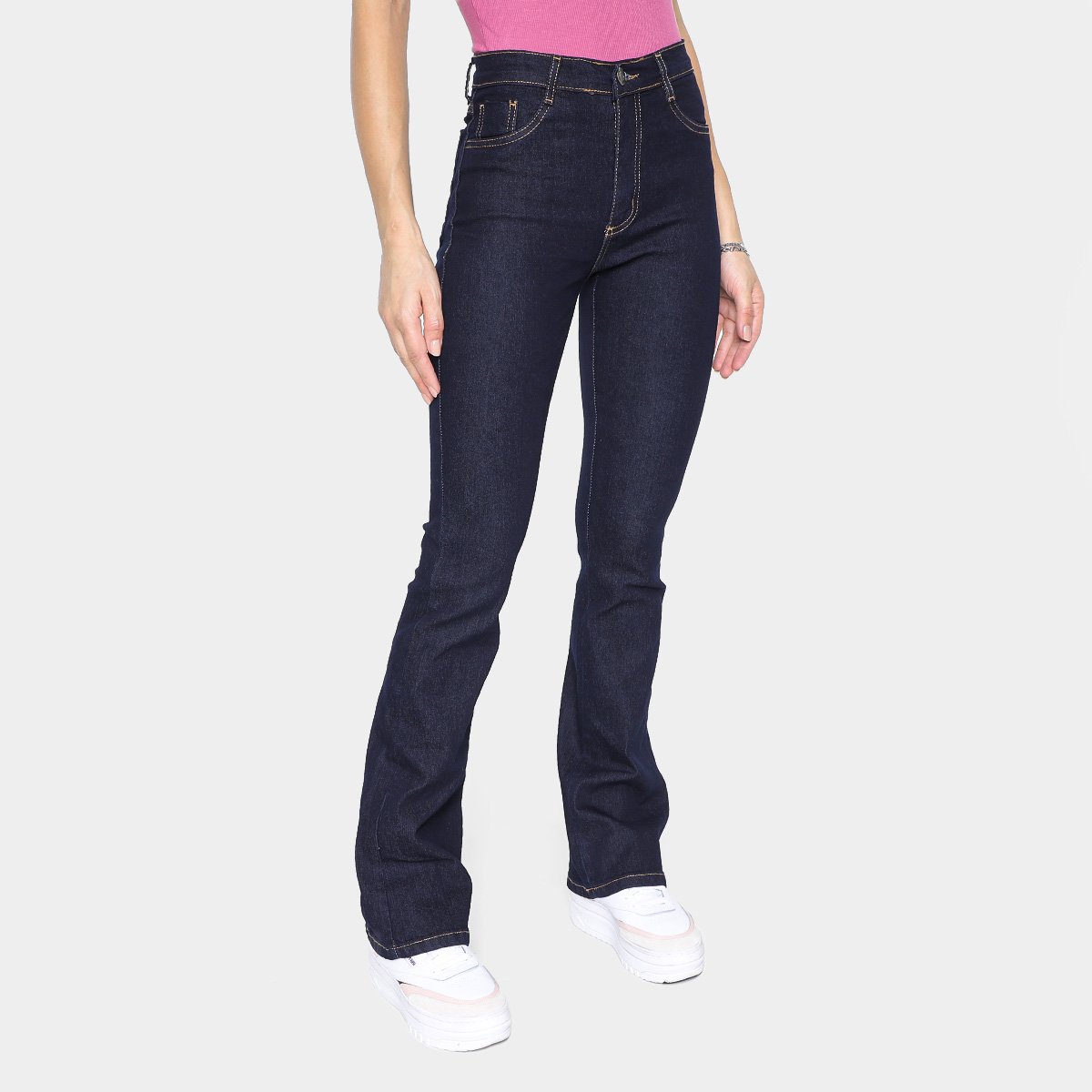 Miniatura Calça Jeans Boot Cut Sawary Lisa Cintura Alta Feminina Preto+Azul - 36
