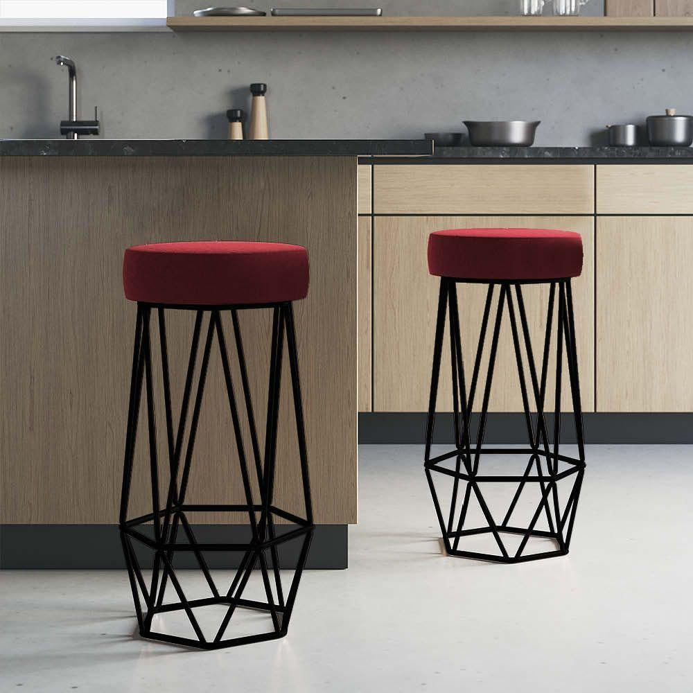 Miniatura Kit 07 Banqueta Com Encosto Mhara Hexágono Cozinha Bar Ferro Preto Suede Vermelho - Amey Decor