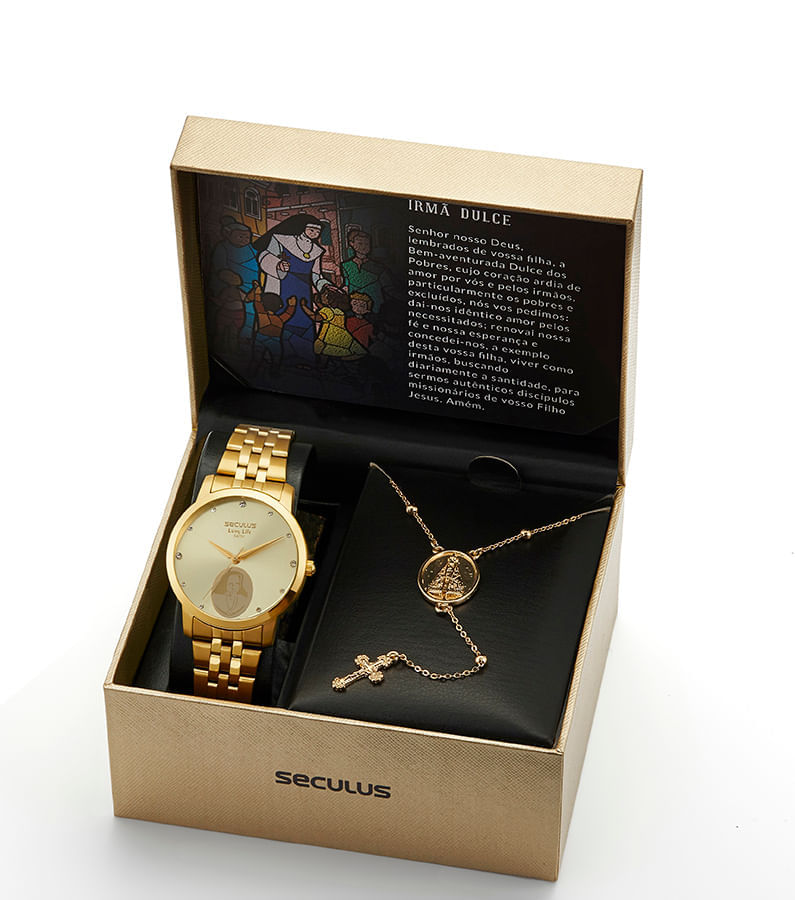 Miniatura Kit Relógio Feminino com Terço Irmã Dulce Dourado