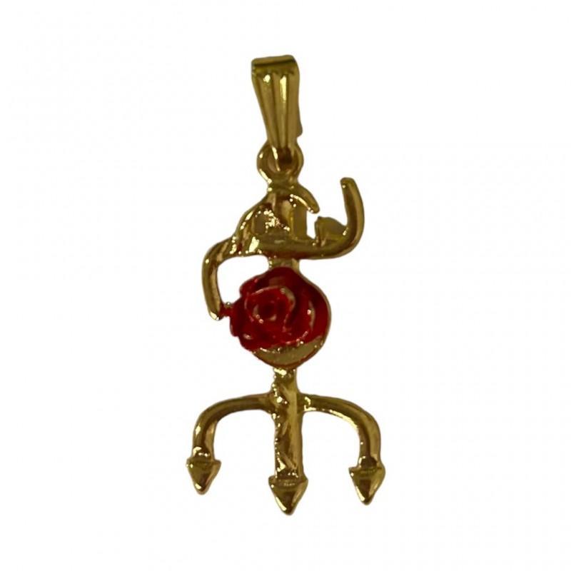Miniatura Pingente Tridente Pomba Gira Rosa Vermelha 2,9 Cm Dourado