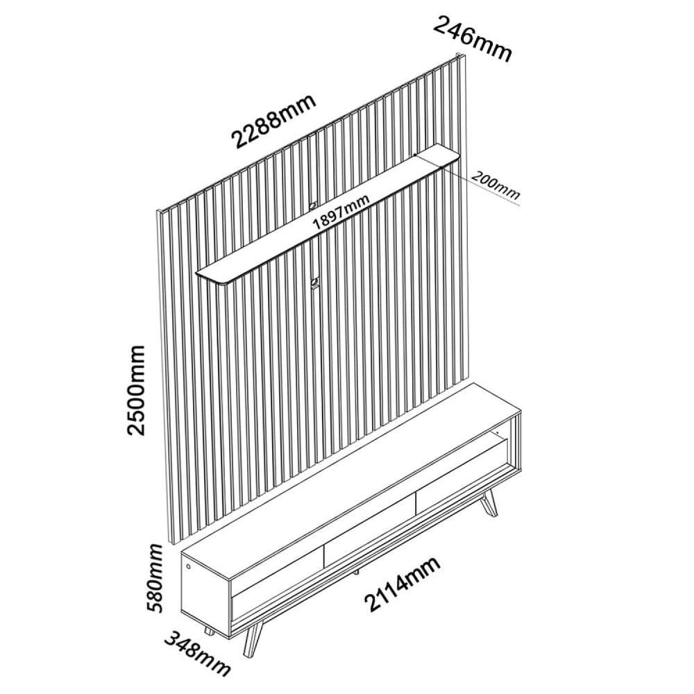 Miniatura Painel Ripado com Rack para TV até 75 Polegadas LED 3 Gavetas 2 Prateleiras com Pés 230cm Nobre Gelius Móveis Naturale