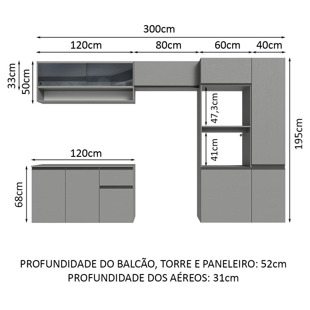 Miniatura Armário de Cozinha Completa Suspenso 300cm Cinza Nice Madesa 07 Cinza