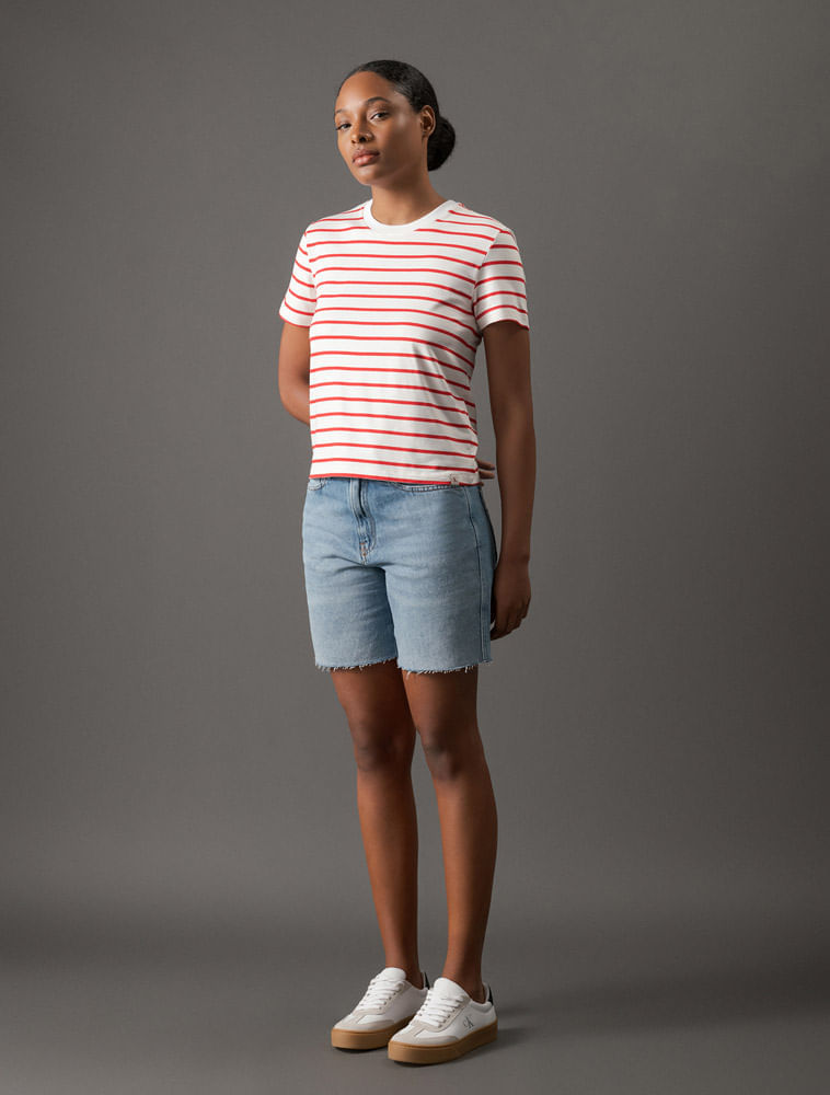 Miniatura Camiseta Feminina Listras Calvin Klein Jeans - Vermelho Camiseta Feminina Listras Calvin Klein Jeans Vermelho g