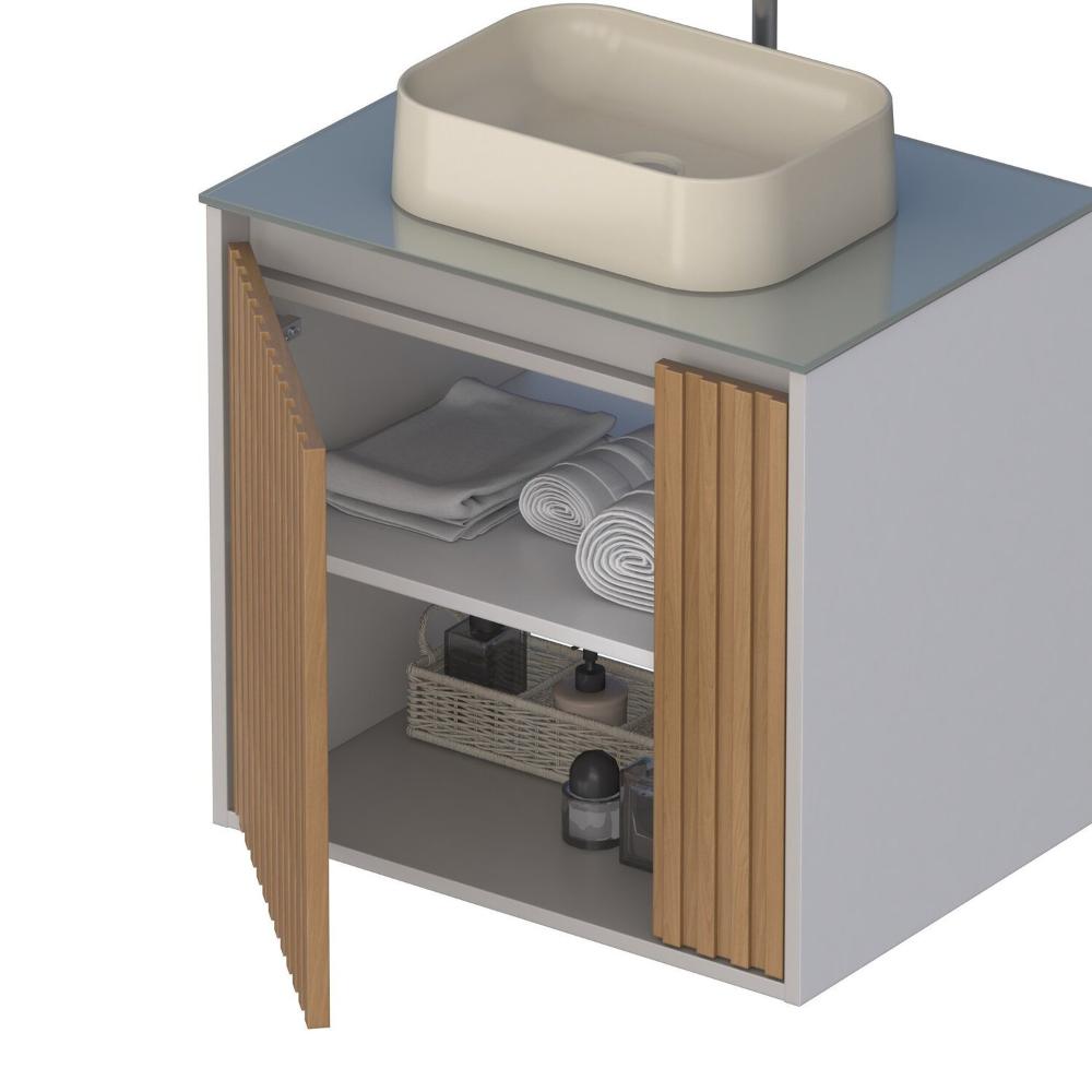 Gabinete para Banheiro Ripado com Tampo de Vidro Nude/Jequitiba