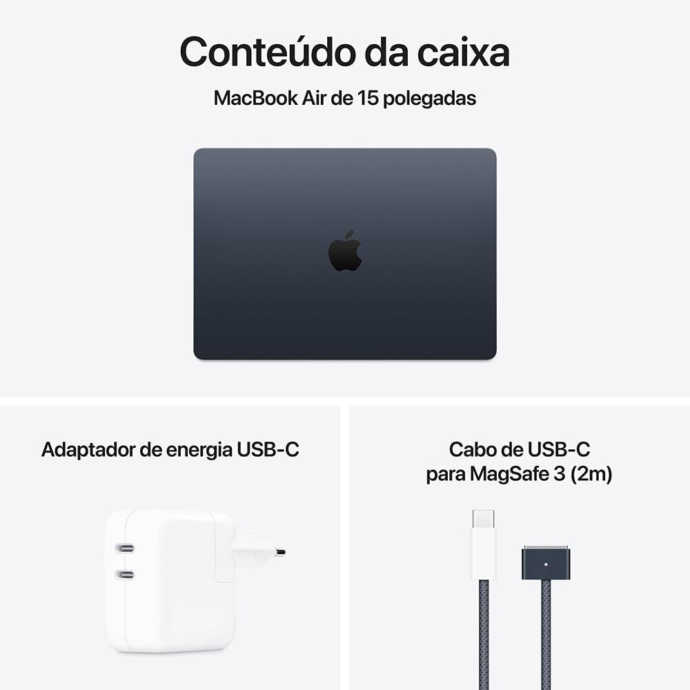Apple Macbook Air 15", M4,  com CPU de 10 núcleos, GPU de 10 núcleos, 16GB RAM, 256GB SSD - Meia-noite