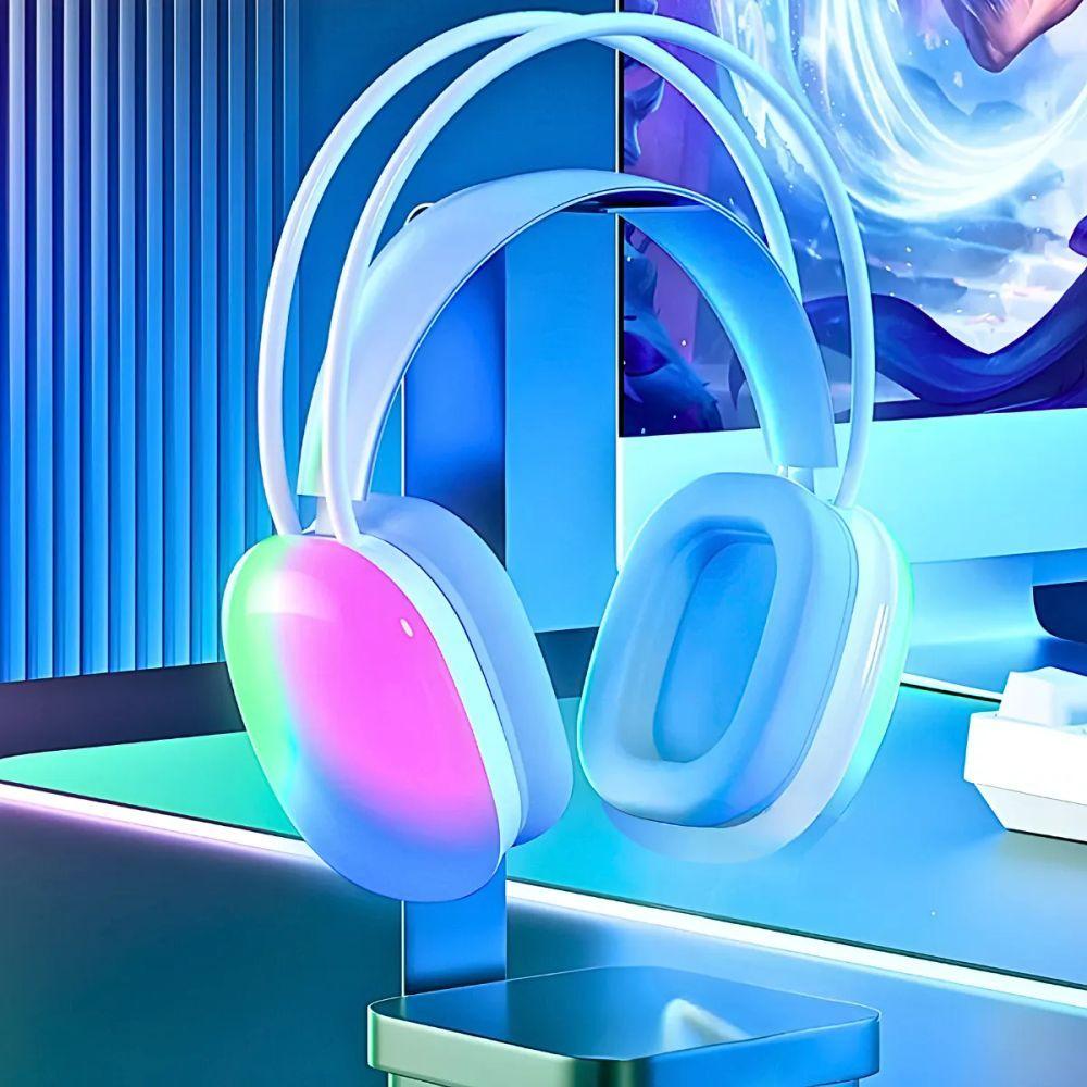 Fone De Ouvido Branco Sem Fio Bluetooth Led Rgb Recarregável