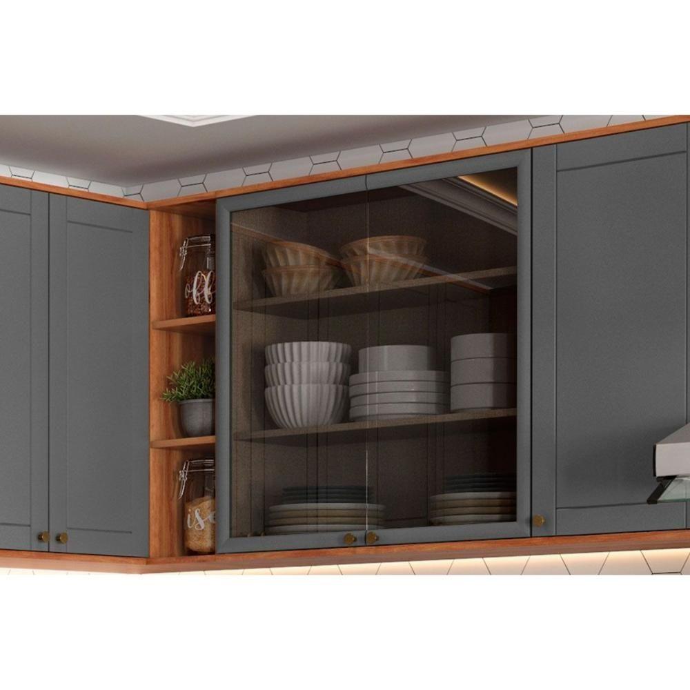 Cozinha Modulada Completa Bella 9 Peças 3 Aéreos + 3 Balcões + 1 Torre Quente+1ilha + 1 Complemento C9p200 Nogal Cinza