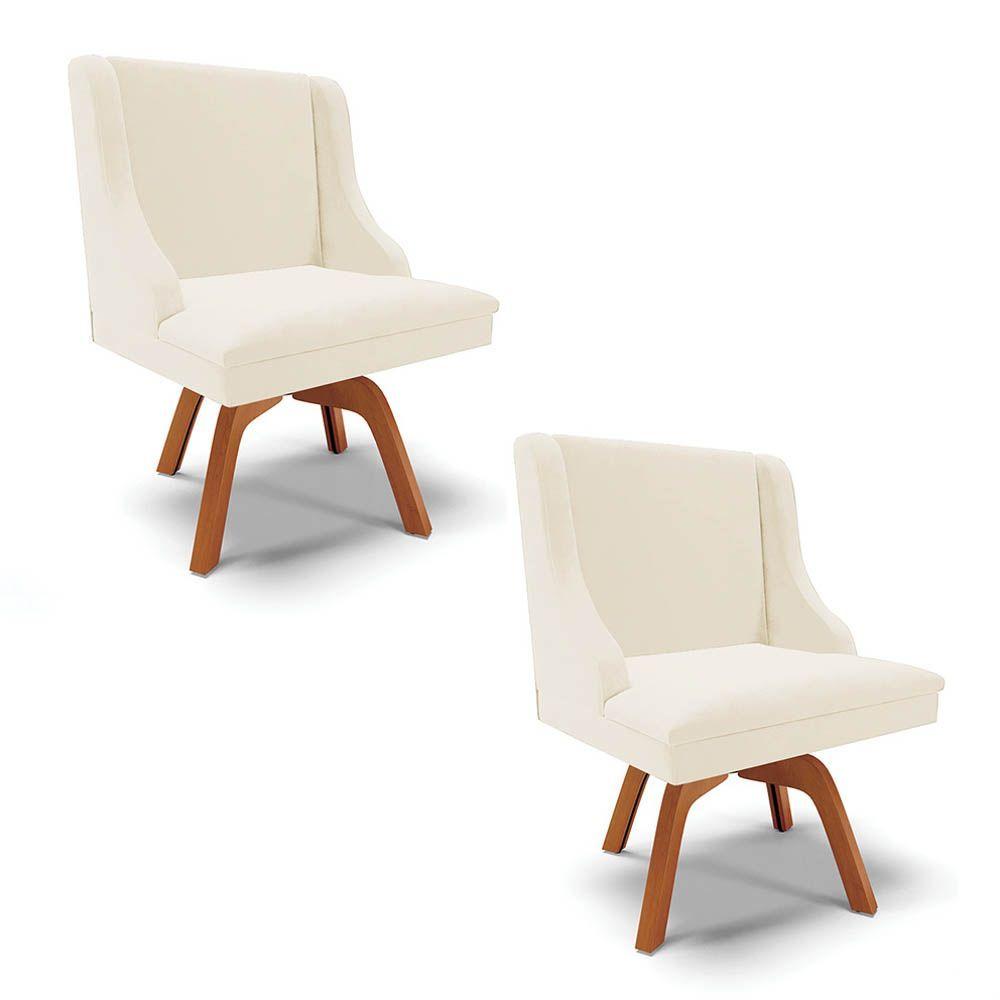 Miniatura Kit 2 Cadeiras Estofadas Base Giratória De Madeira Lia Veludo Bege - Ibiza