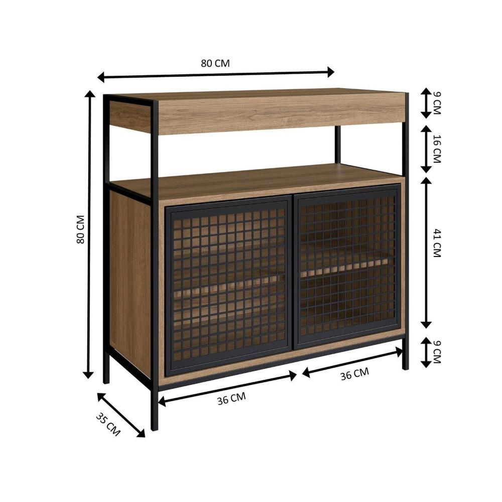 Miniatura Armário Gabinete de Banheiro 80cm Estilo Industrial com 2 Portas Preto/Mel