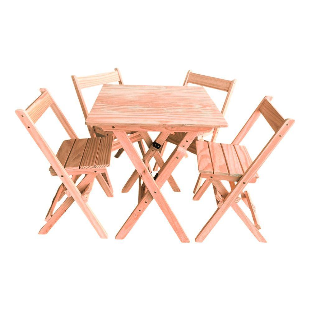Miniatura Conjunto Mesa Dobrável 70x70 Com 4 Cadeiras Em Madeira Maciça - Cru - Bege
