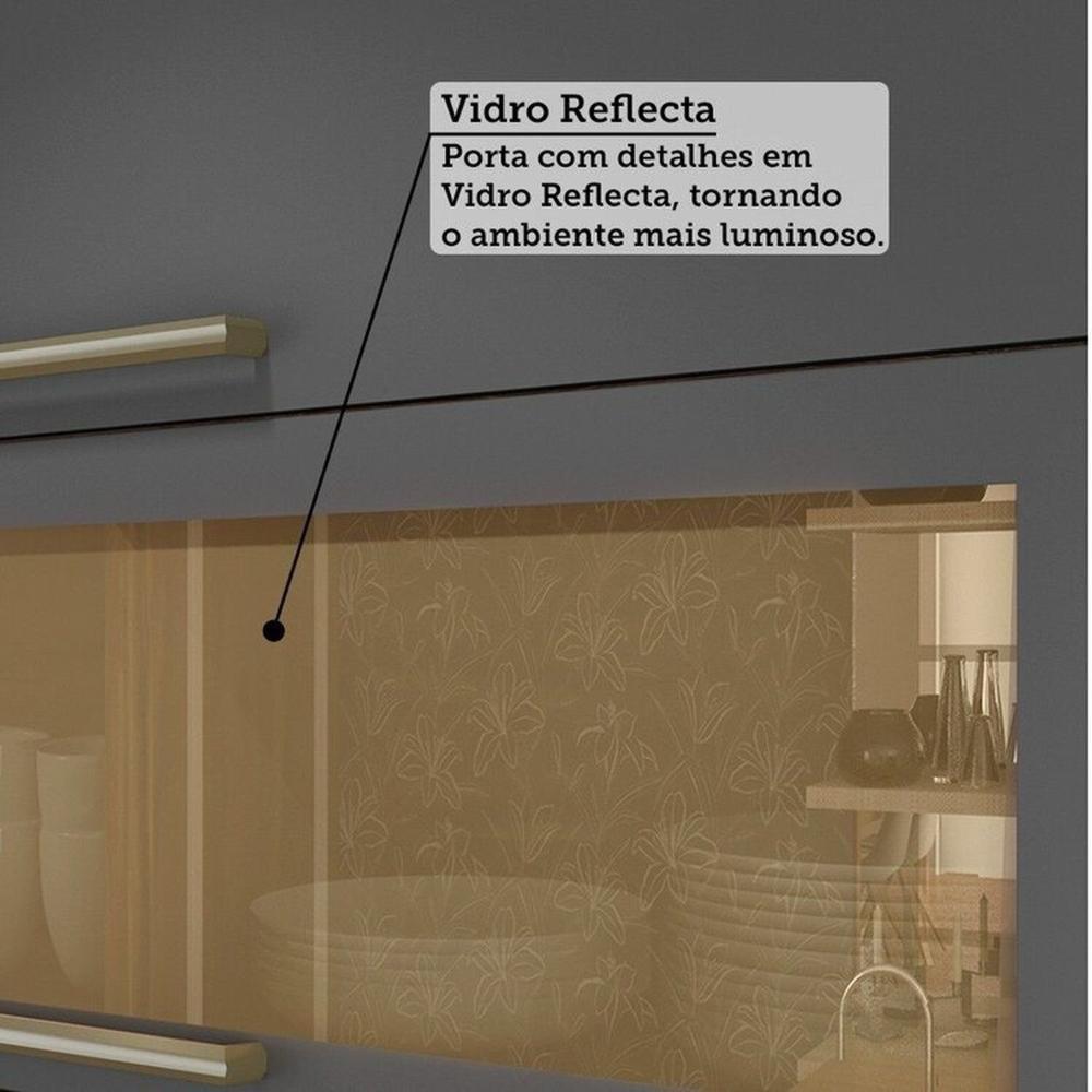 Cozinha Modulada Completa 5 Peças 8 Portas e Vidro Reflecta 280cm 100% MDF Vicenza Espresso Móveis Amêndoa/Chumbo