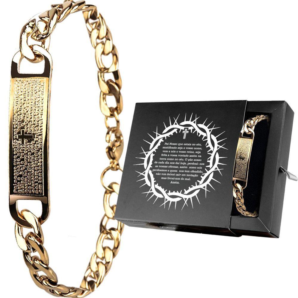 Miniatura Pulseira Masculina Oração Pai Nosso Aço Banhada Ouro Original Catolica Moda Masculina Social Casual