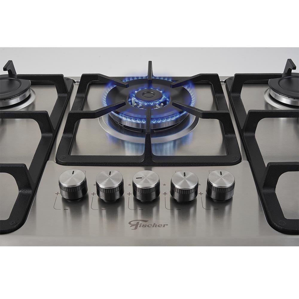 Miniatura Cooktop 5 Bocas Fischer Infinity Trempe De Ferro Tripla Chama à Gás Mesa Inox Bivolt