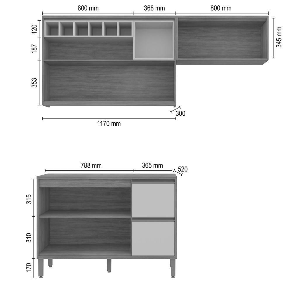 Miniatura Cozinha Milão Compacta 4 Portas 3 Gavetas Com Nichos Carvalho Grafite Clique Chique