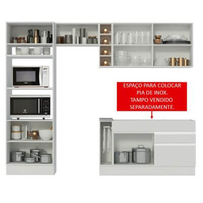 Cozinha Completa Madesa Jade com Armário e Balcão (Sem Tampo e Pia) Branco Cor:Branco