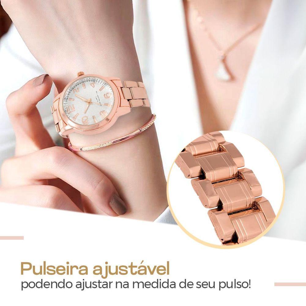 Miniatura Relogio Banhado Rose Feminino + Caixa + Brincos Strass Colar Aço Inox Resistente Presente Ponteiro