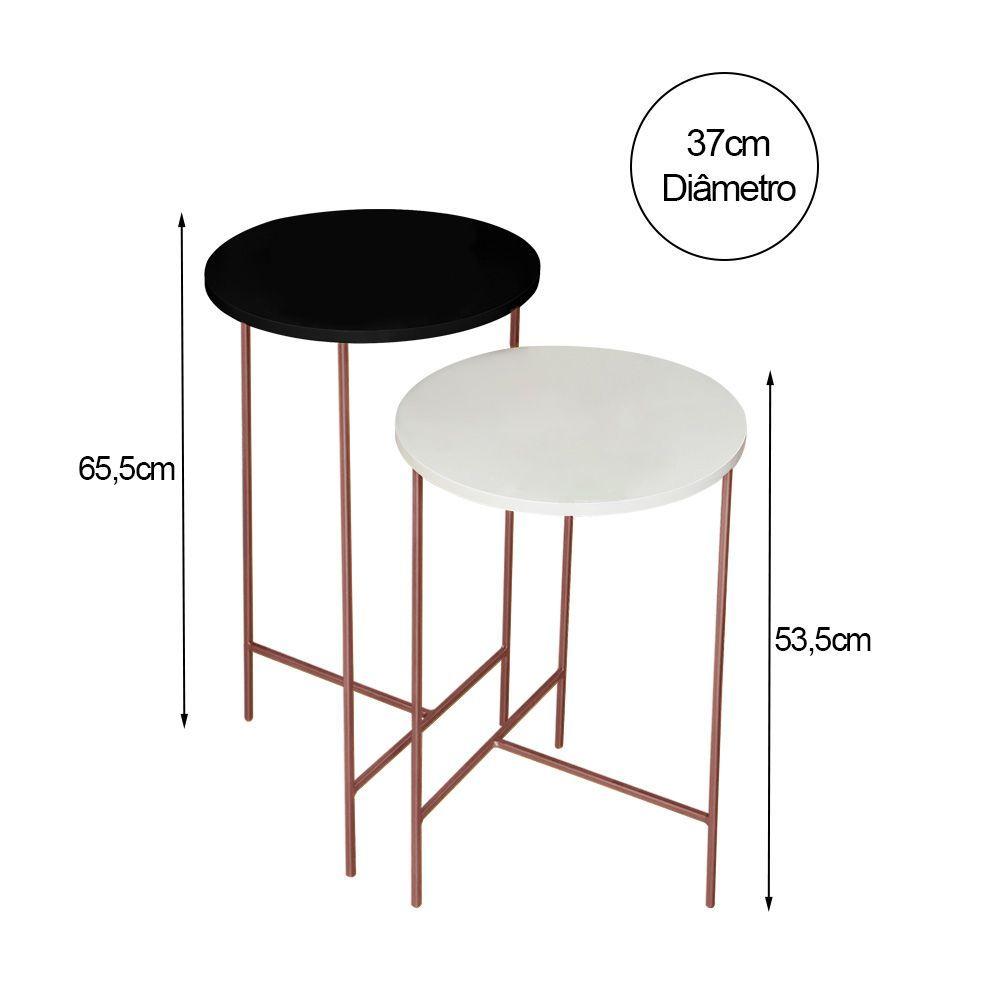Miniatura Jogo Com 2 Mesas De Canto Redonda Para Sala De Estar Tampo Preto E Off White Base Rosê Gold - Preto