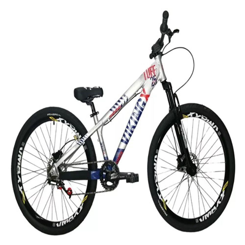 Miniatura Bicicleta Vikingx Prata Azul Aro 26 Single Wheeling Freio Hidráulico