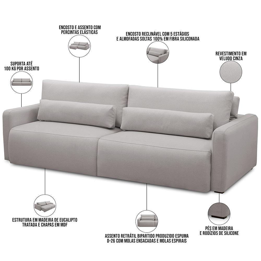 Sofá Retrátil Reclinável Para Sala De Estar Living 270cm Sevilha F04 Veludo Cinza