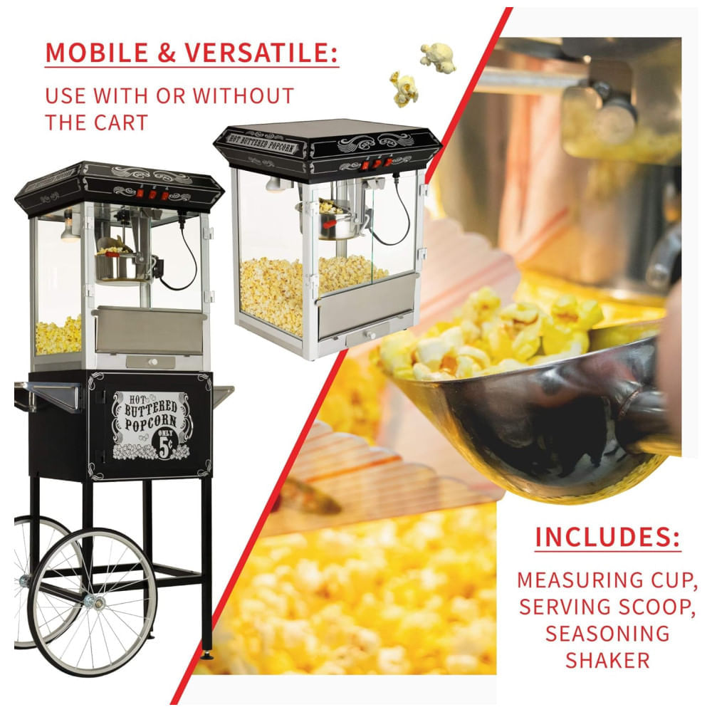 Miniatura Carrinho de Pipoca Vintage Profissional com Panela de 236 mL e Iluminação, 110V, Funtime FT860CB, Preto