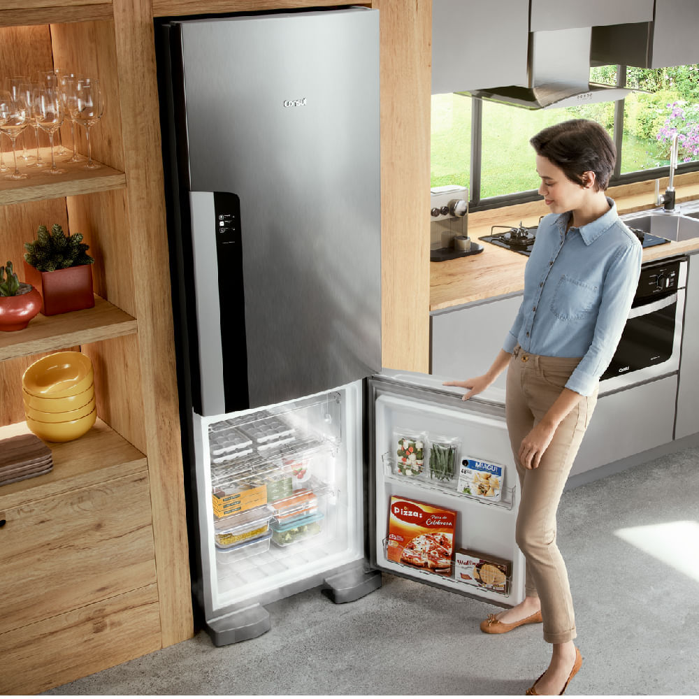 Geladeira Consul Frost Free Duplex 397 litros Evox com freezer embaixo - CRE44BK 110V