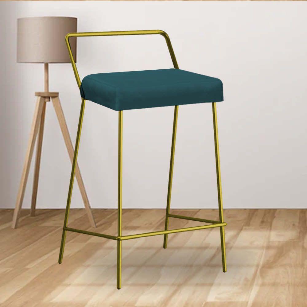 Miniatura Banqueta Alta Com Encosto Donna Industrial Cozinha Bistrô Ferro Dourado Suede Azul Turquesa
