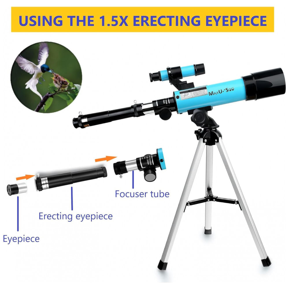 Miniatura Telescópio Astronômico 8x21 com Binóculos HD, Mira Finder e 3 Oculares, MaxUSee F36050, Azul Claro