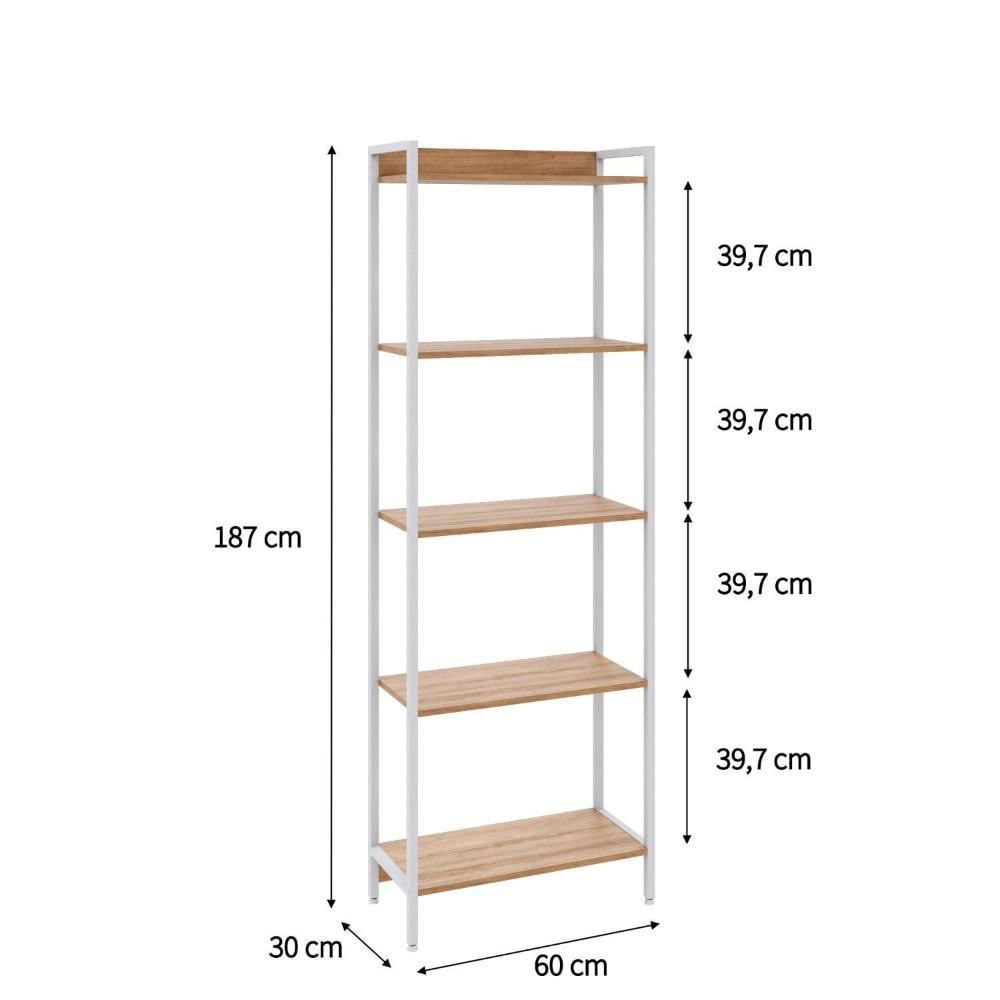 Miniatura Estante para Livros Industrial Aço Multiuso 5 Prateleiras 187x60cm Active Yescasa Lâmina Mel / Est.Branca