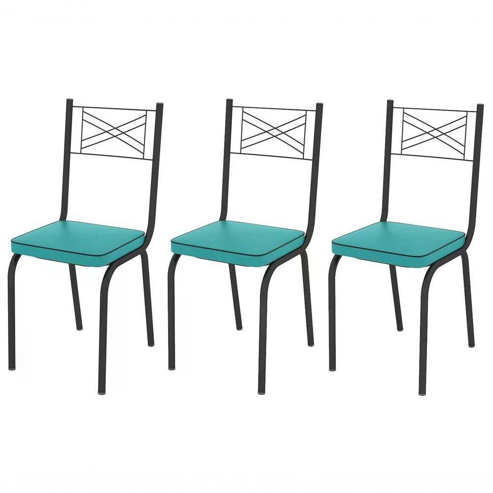 Miniatura Kit 03 Cadeiras Tubular Preto Fosco 119 Assento Turquesa Tur