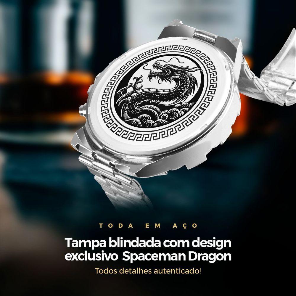 Kit Relógio Masculino Analógico Orizom Spaceman Dragon em Aço Inox Prata com Cordão Crucifixo