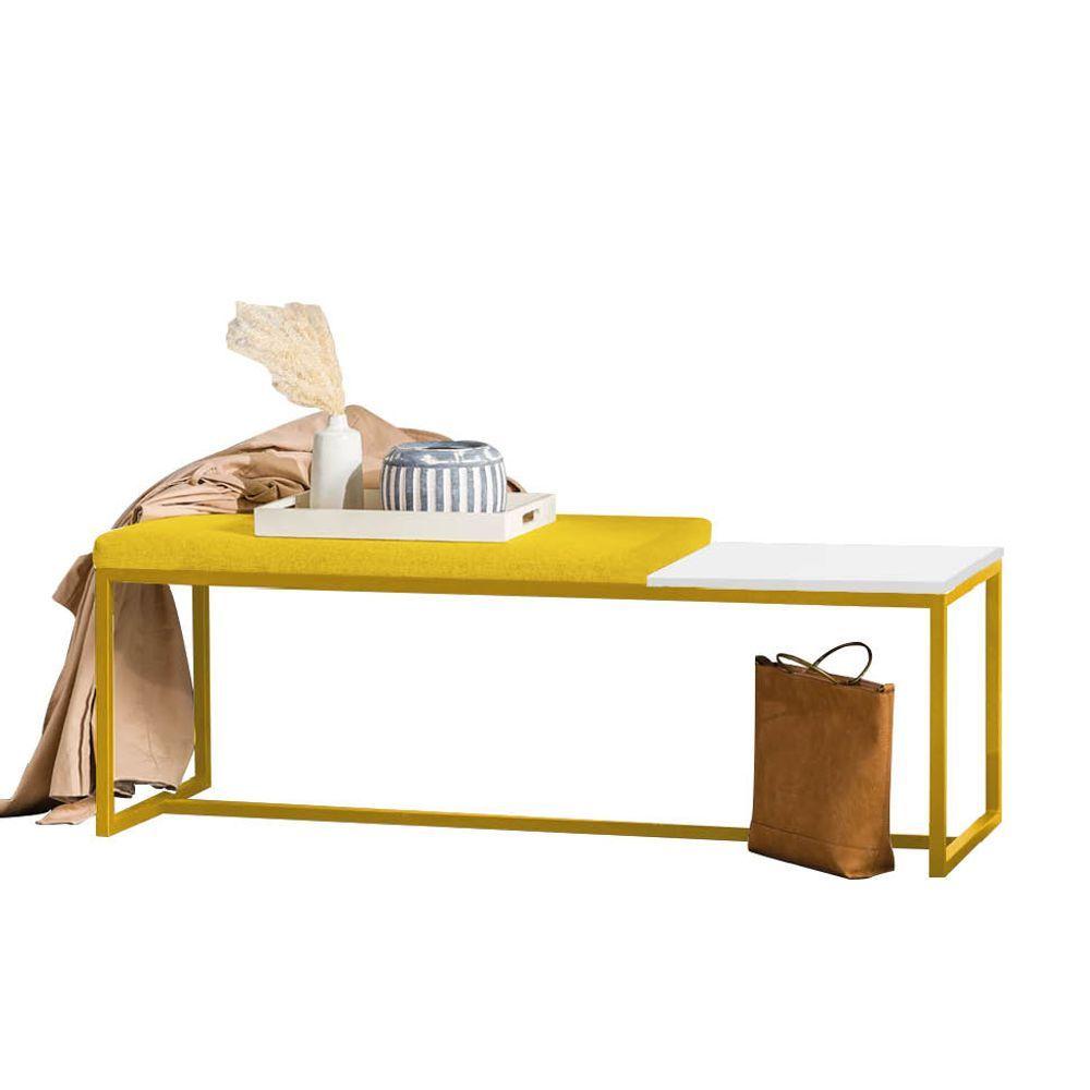 Miniatura Banco Recamier Puff 140cm Industrial Dourado Corino Amarelo Tampo Quadrado Mdf Branco