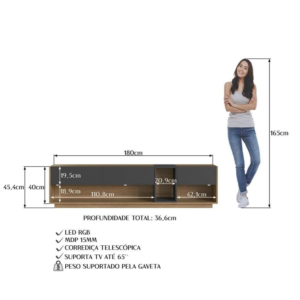 Rack Moderno Com Led 03 Gavetas 180cm Mel Grafite Proddy Mel Grafite