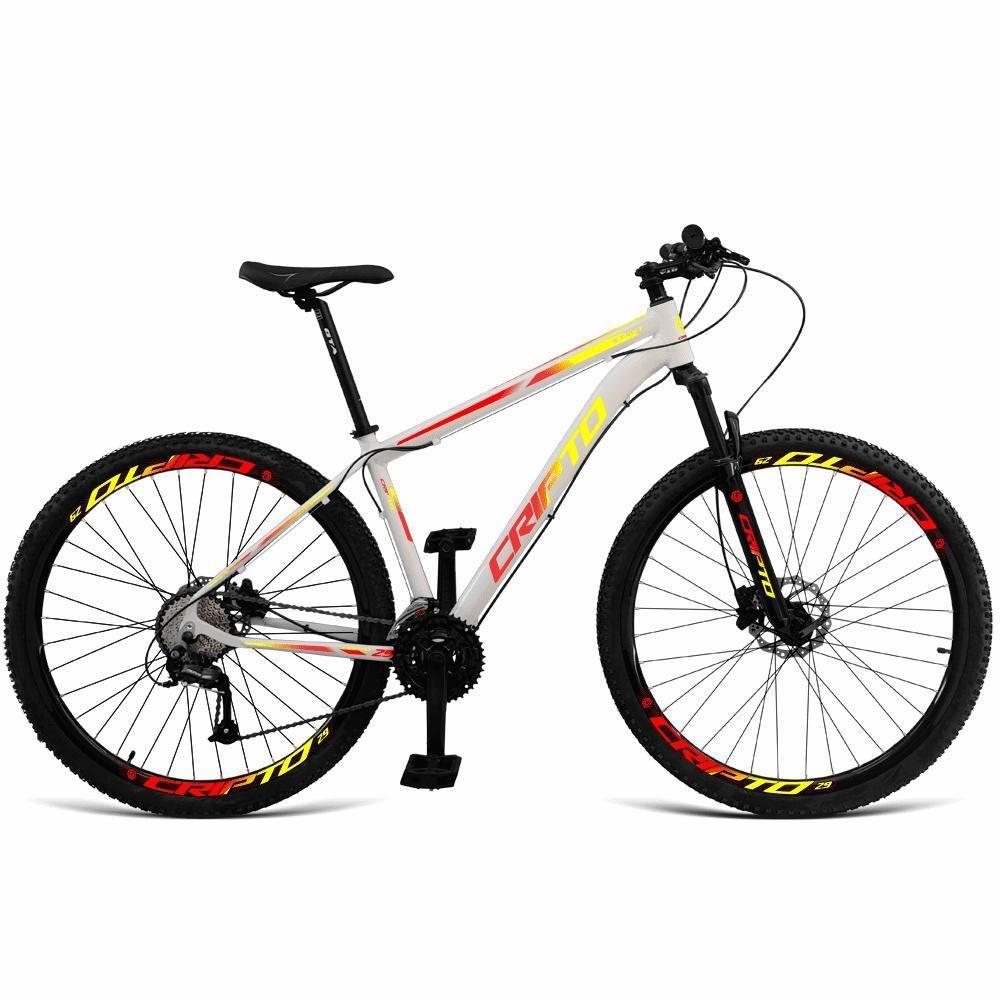 Miniatura Bicicleta Aro 29 Cripto 27 Marchas Freio Hidráulico K7-trava - 19" Branco-amarelo E Vermelho