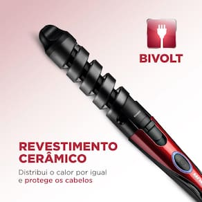 Miniatura Modelador de Cachos Mondial Spiral Infinity EM-05 com Cabo Giratório Vermelho/Preto 200°C