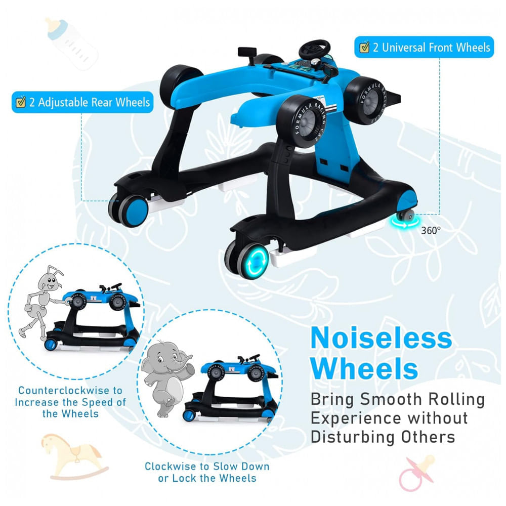 Miniatura Andador Infantil Interativo 4 em 1 com Sons, Luzes e Atividades, Baby Joy, Azul