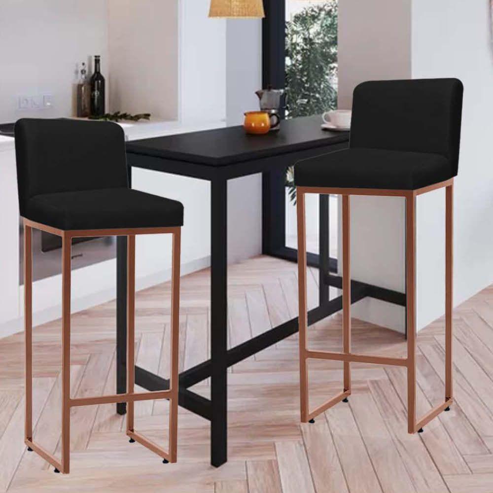 Miniatura Banqueta Alta Com Encosto Lucca Industrial Ferro Bronze Suede Preto - Amey Decor