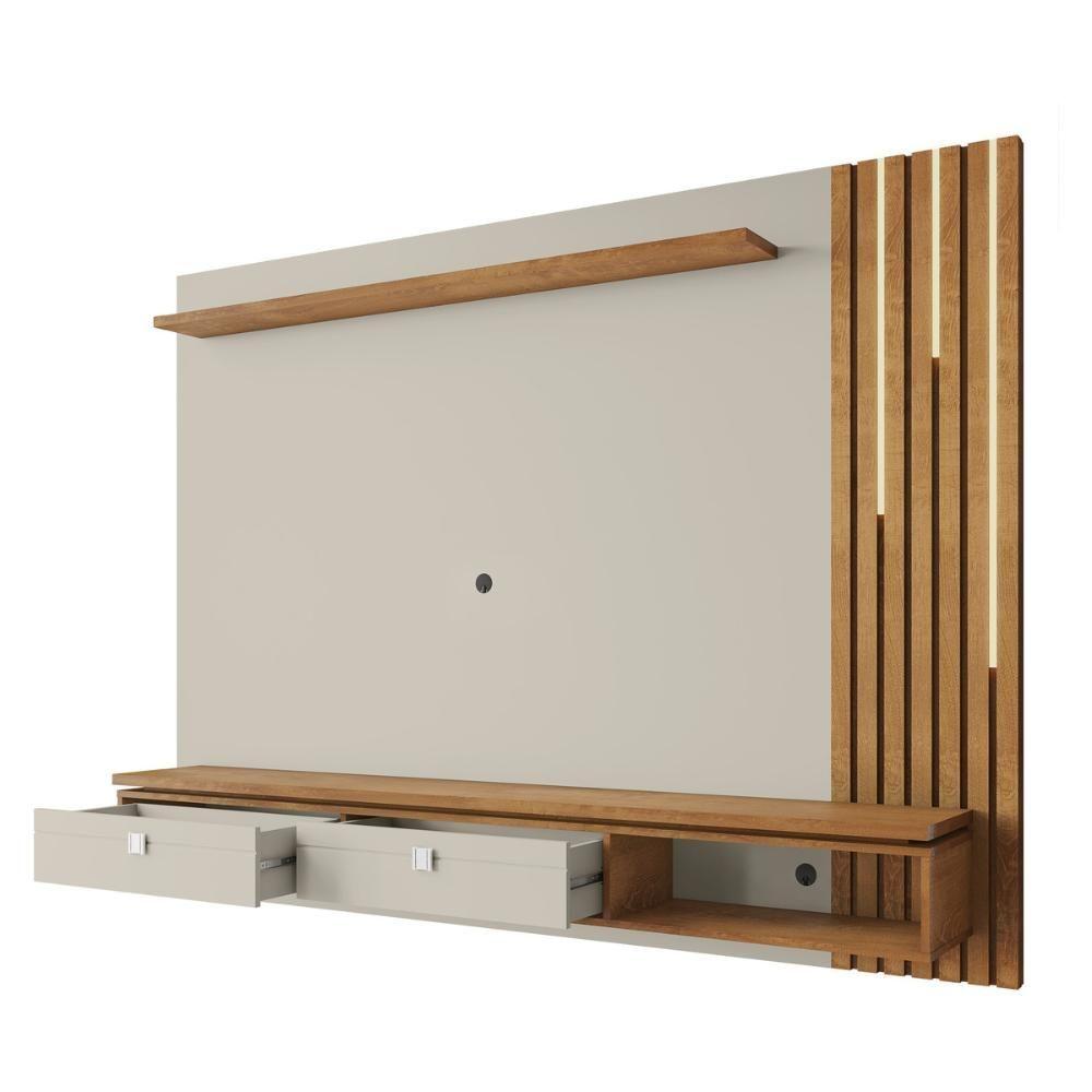 Painel Para Tv Até 80 Polegadas Com Ripado Fita Led E 2 Gavetas Multimóveis Cr45285 Off White/naturalle
