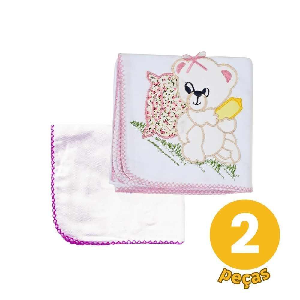 Miniatura Kit 2 Pçs Rosa 1 Cueiro Liso+1 Cueiro Bordado Bebê Enxoval