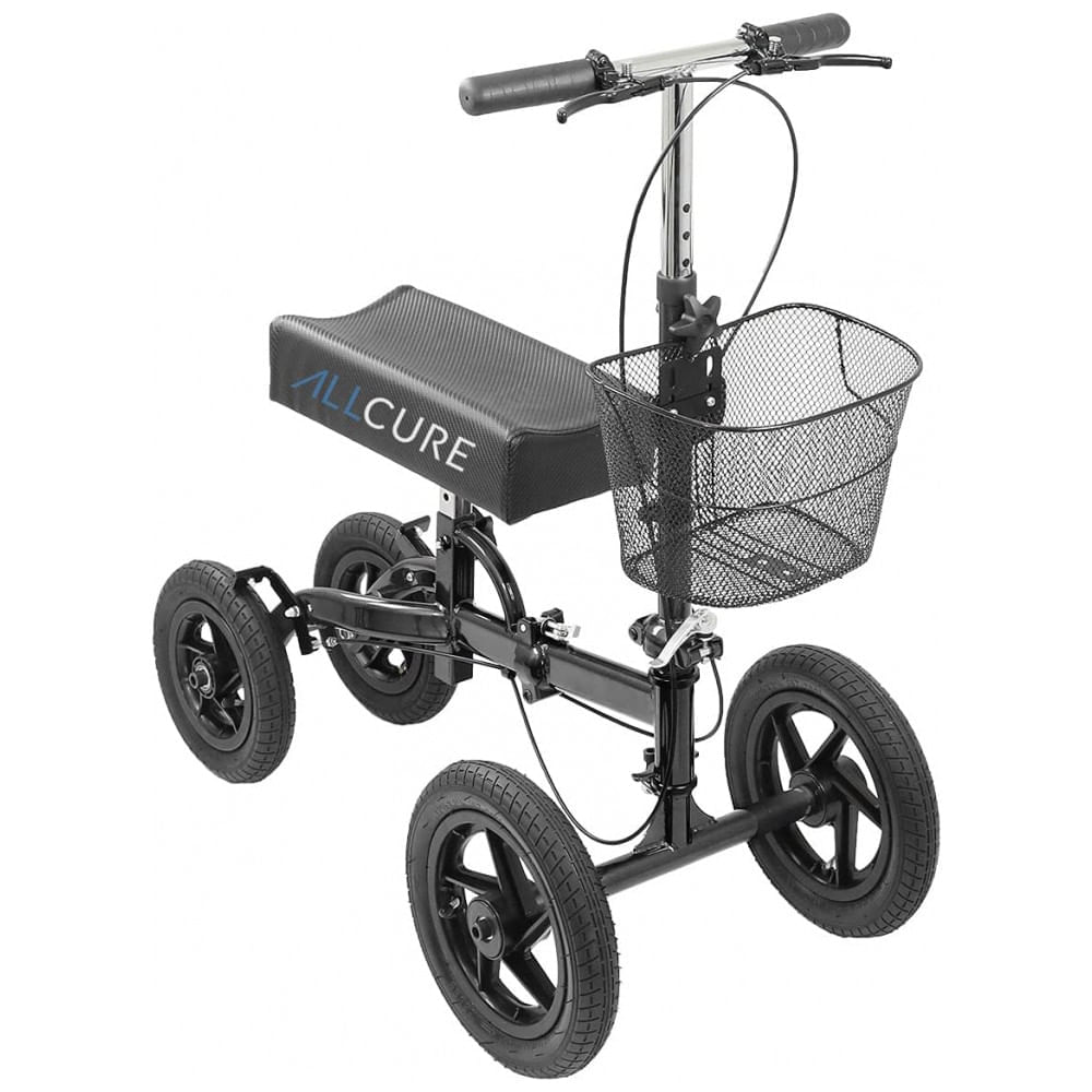 Miniatura Andador 4 Rodas Dobrável com Cesta e Apoio para Joelho Ideal para Lesões Suporta 136kg, ALLCURE, Preto