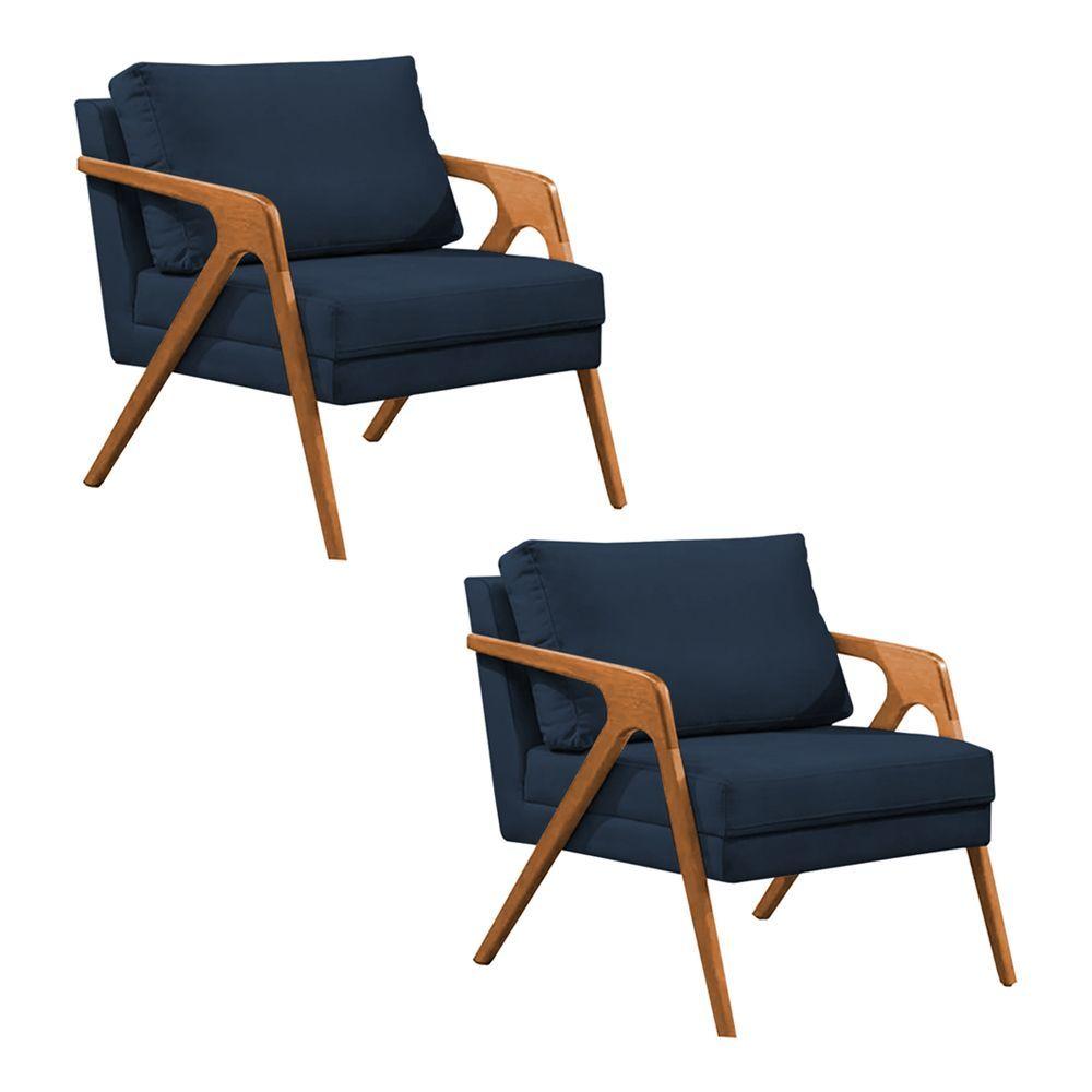 Miniatura Kit 2 Poltronas Mona Monique Luxo Base Madeira Maciça Cerejeira Veludo Azul