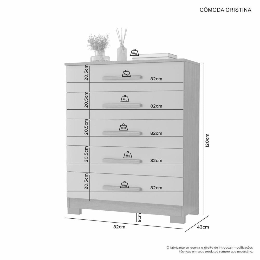 Miniatura Cômoda para Quarto 5 Gavetas 82cm Cristina Cinamomo / Off White