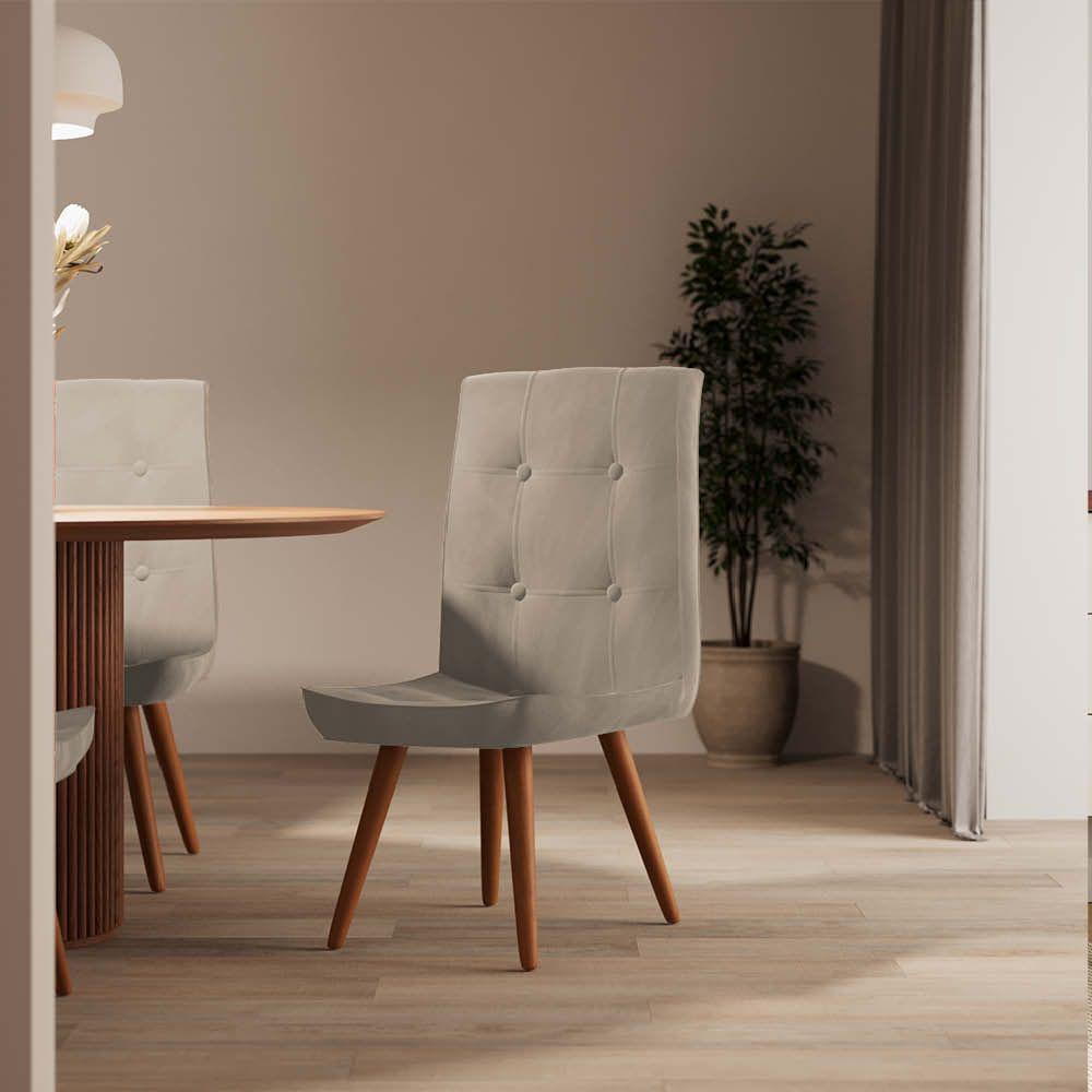 Miniatura Conjunto 03 Cadeira De Jantar Drop Com Botão Base Pé Palito Imbuia Sintético Bege